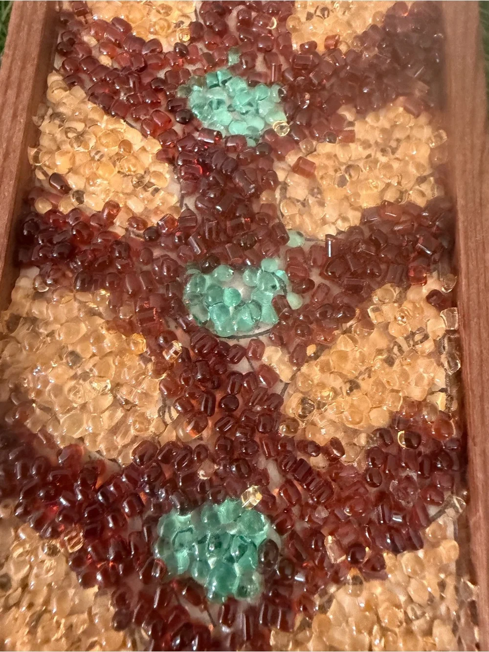 Vintage Beaded Mosaic Wood Trinket Box  in Browns & Turquoise Color